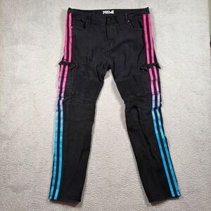 PREME Mens Black Distressed Moto Cargo Jeans Pink Blue Ombre Side Stripe 42x31